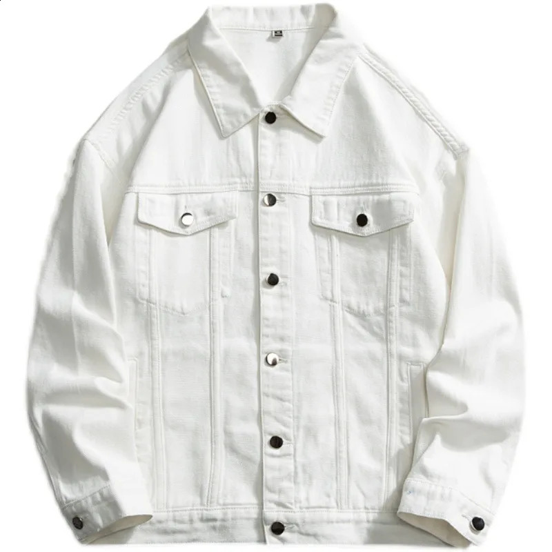 Mens loose casual denim jacket Korean fashion lapel solid color simple black and white blue mens 240824