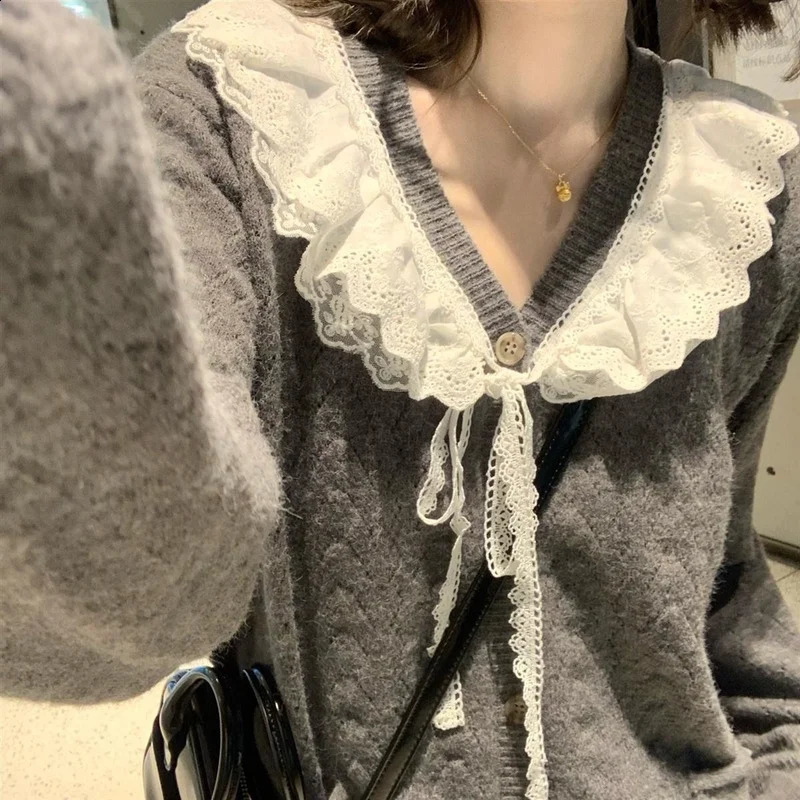 Cardigan Women All-match V-Neck Lace Patchwork Sweater Spring Fall Gray Kawaii Retro Tender Knitted Simple n Outerwear 240824