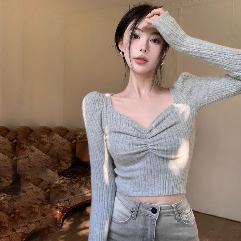 Puff Long Sleeve Womens Knitted Top Versatile Solid Colour Slim Fit Fashion Korean Version V-Neck Short T-shirt Sweater Autumn 240824