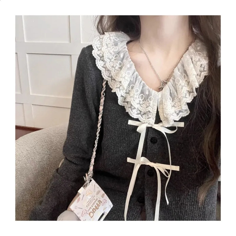 Deeptown Kawail Lace Up Knitted Cardigan Sweater Japanese Fashion Womens Aesthetic Knitwear Spring Cute Sweet Preppy Korean 240824