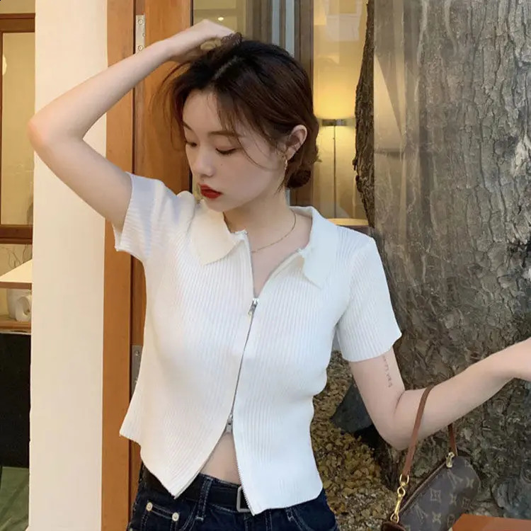 Woman TShirts Knitwear Short Sleeve Double Zipper Summer Polo Shirt T-shirt Crop Top Mujer Camisetas 240824