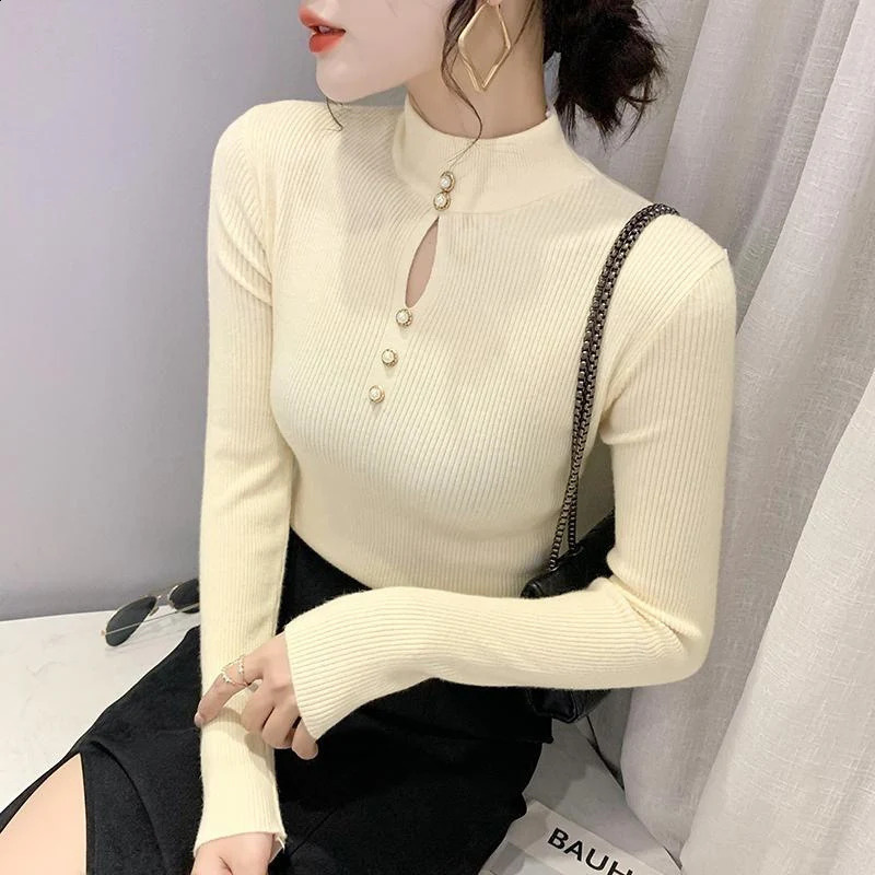 Autumn Winter Korean Basic Top Female Sexy Hollow Chic Elegant Slim Pullover Knitted Sweater Long Sleeve Womens Clothing Jumper 240824