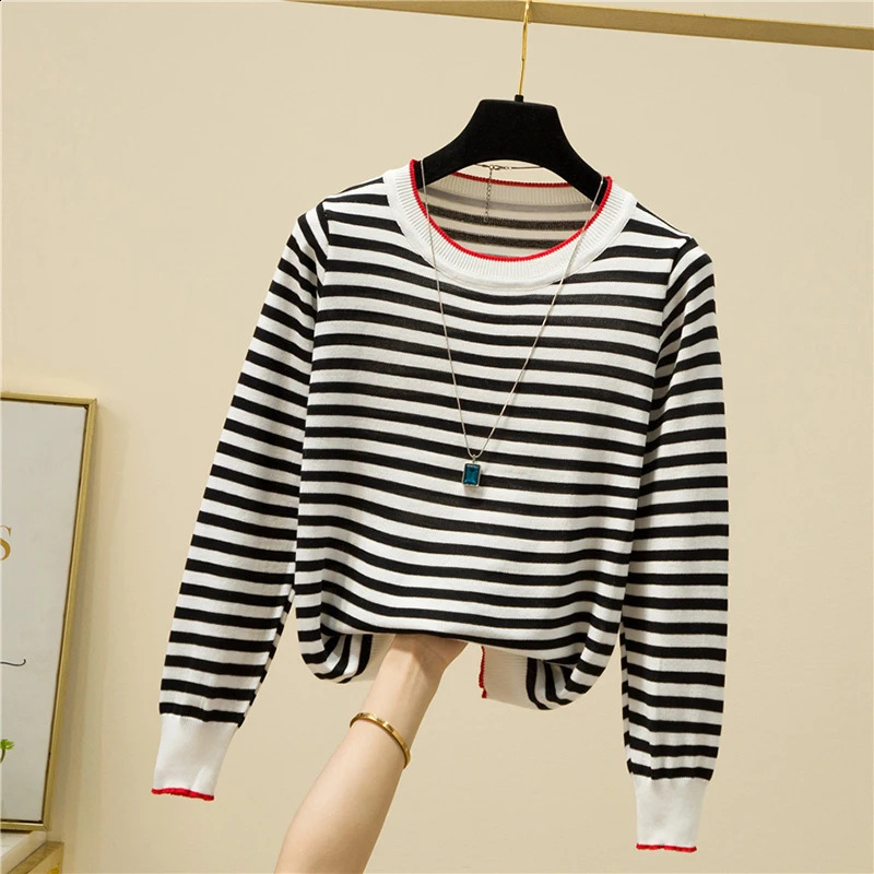 Knitting Sweater Womens O Neck Loose Long Sleeve Thin Soft Pullover Tops Femme Striped Basic Casual All-match Knitwear Female 240824