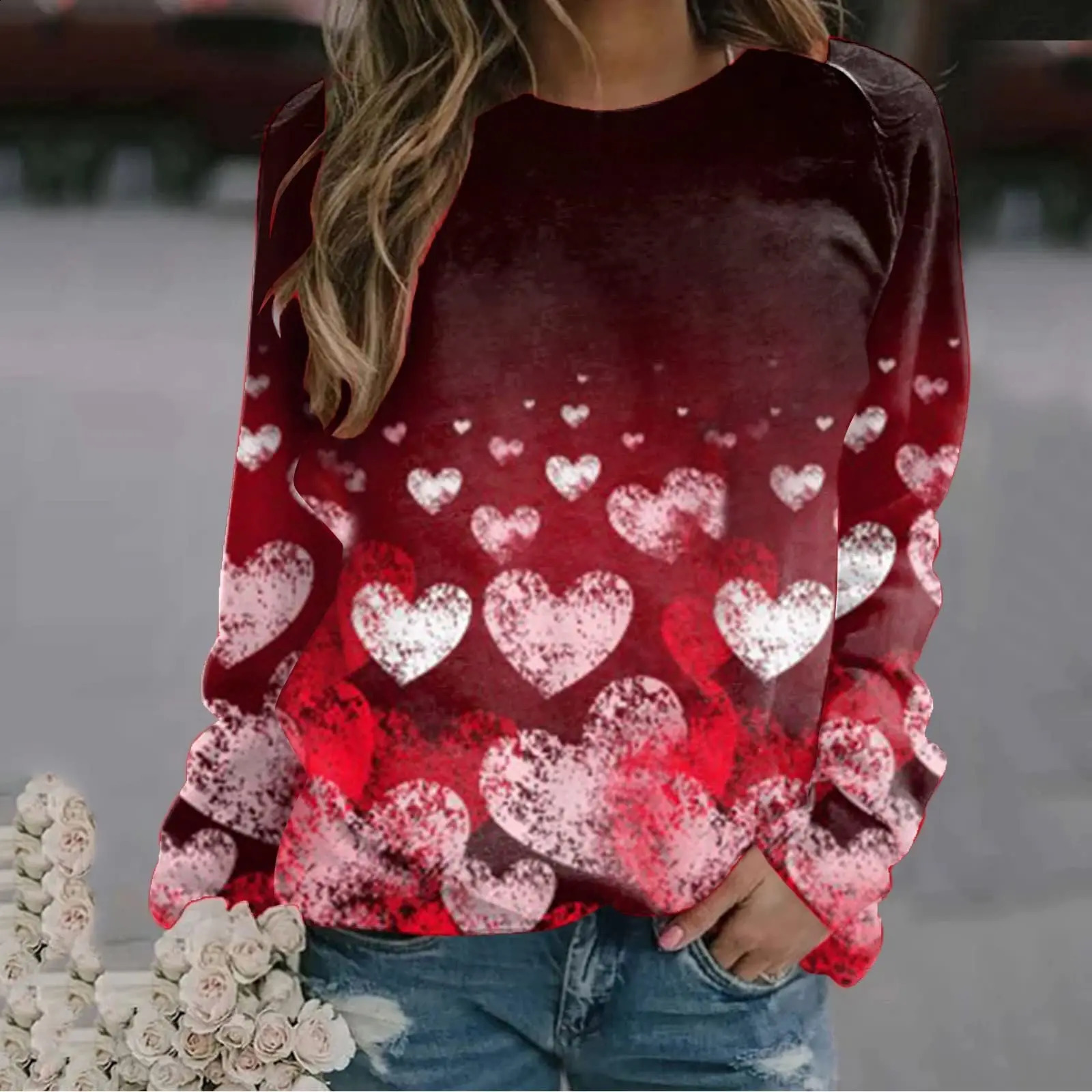 Womens Casual Sweatshirt 3D Love Print Long Sleeve Round Neck Loose Autumn Pullover Fashion Versatile Womens Hoodie 240824