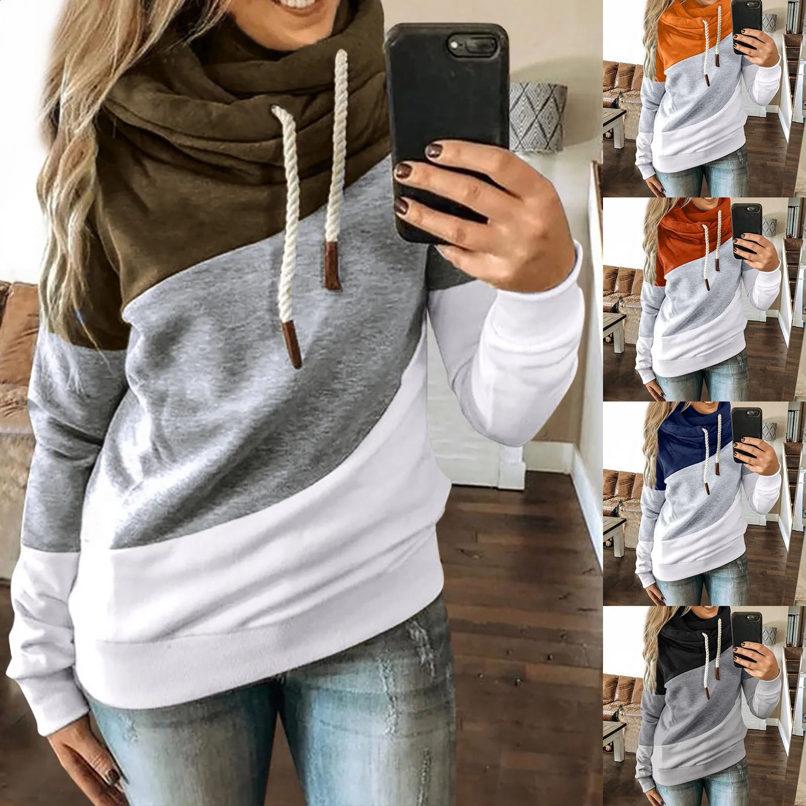 Customized Fashion Women Patchwork Hooded Sweatshirt Leopard Print Drawstring Hoodie Casual Long Sleeve Pullover Tops 240824