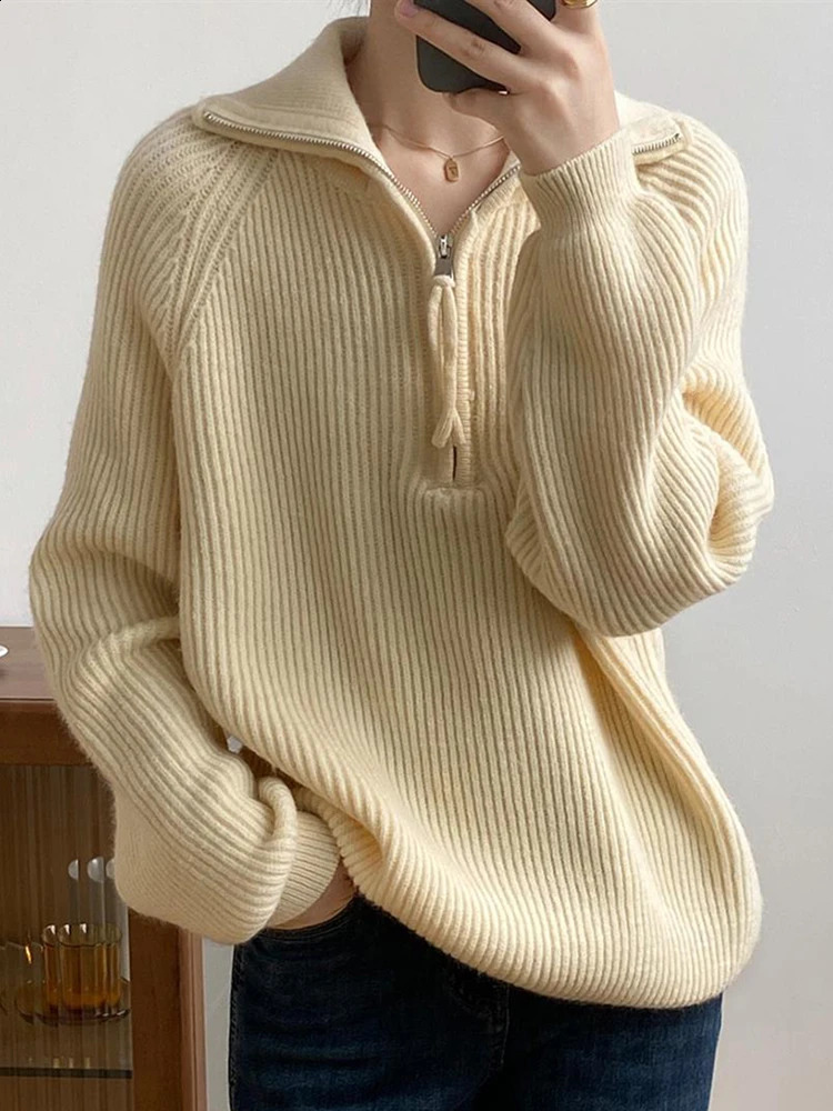 Korean Womens Sweater Loose Zippers Turtleneck Sweaters Warm Solid Pullover Knitwear Basic Female Tops Autumn Winter 240824