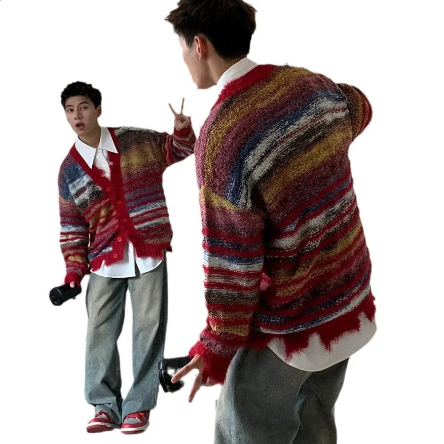 Vintagenichecasual Tie-dye Striped Sweater Jacket Unisex Loose-fit Knitted Cardigan Trendy Casual Wear V-neck Pullovers 240824