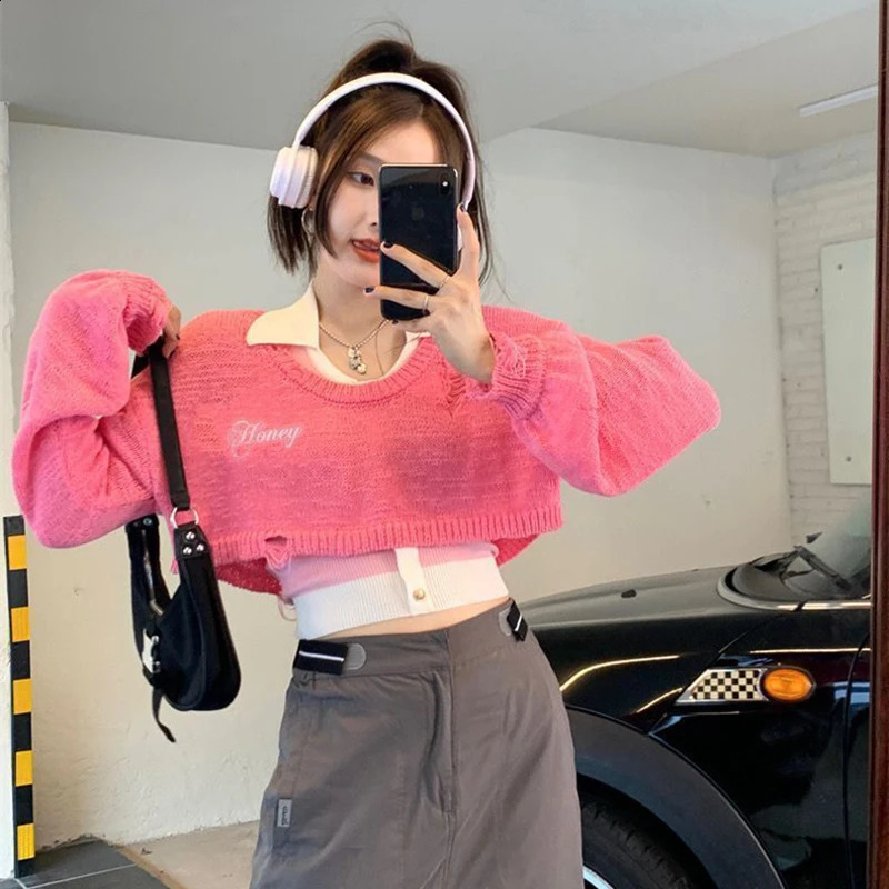 Lucyever Y2K Vintage Cropped Sweater for Women Harajuku Ripped Hollow Out Smock Pullover College Style Sweet Knitwear Jumpers 240824