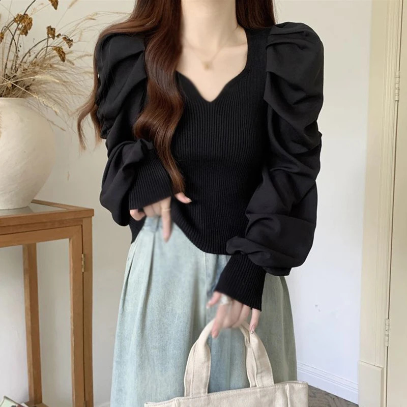 Puff Sleeve Knitted Shirt Slim Fit Outer Wear Long Sleeve Square Neck Autumn Elegant Womens Top V-neck All-match Pullovers 240824