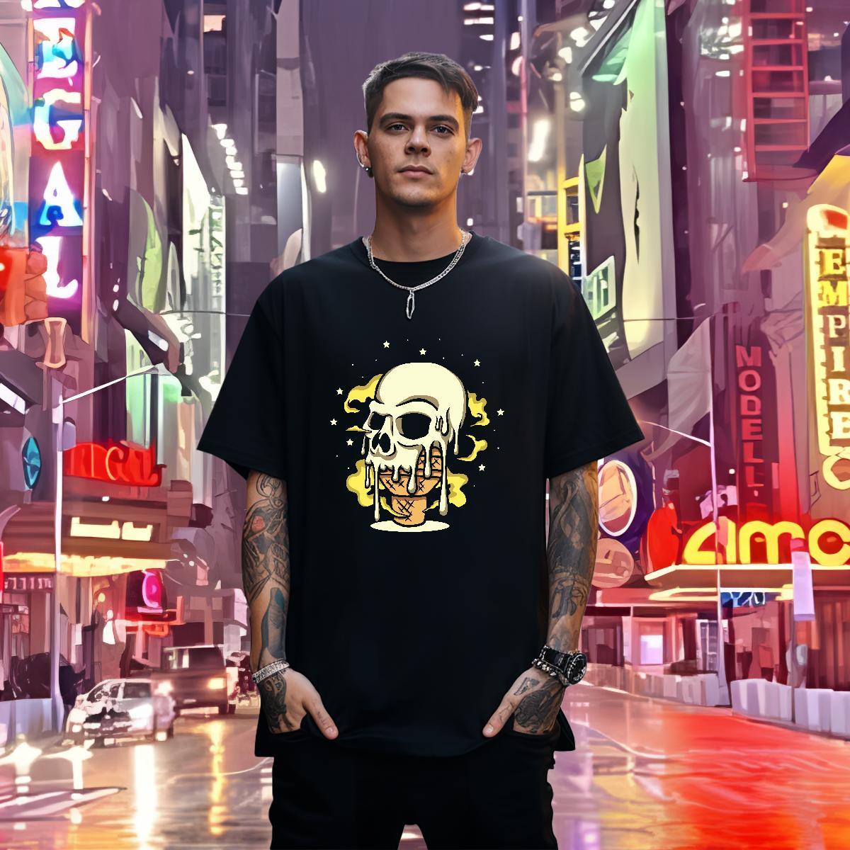 Unisex T Shirt For Man 230g 100% Cotton skull Beach Plus Size Cartoon Breathable Crew Neck Men Clothes T-Shirt Fashion Design Tees