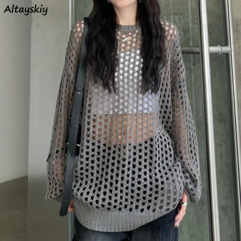 Hollow Out Pullovers Women Summer Long Style Baggy Clothing Knitting Casual Holiday Female Aesthetic Tender Minority Drape Ins 240824
