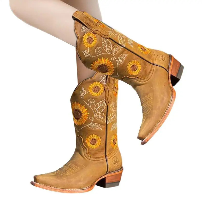 Womens denim boots with floral embroidery vintage denim boots equestrian knight high boots square toes vintage horseback riding gifts 240823