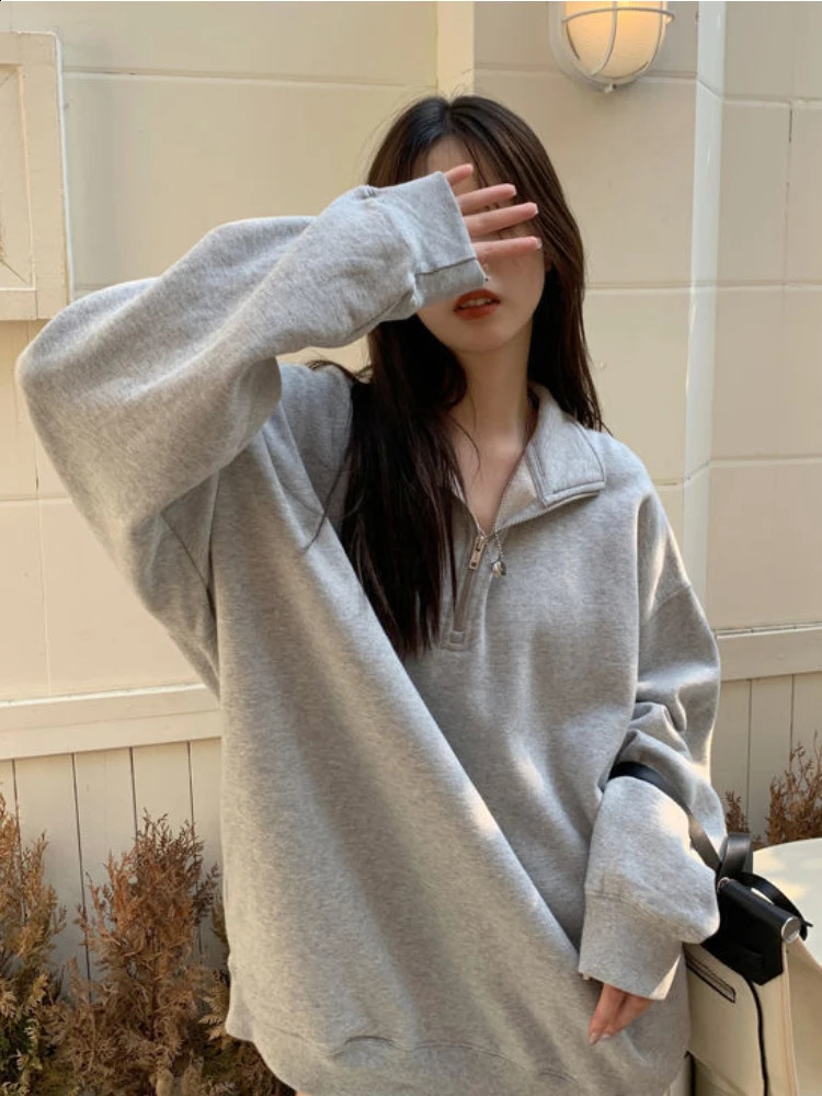 Deeptown Korean Fashion Gray Oversized Sweatshirts Women Harajuku Zip Up Hoodie Vintage Loose Casual Polo Collar Pullover Tops 240824