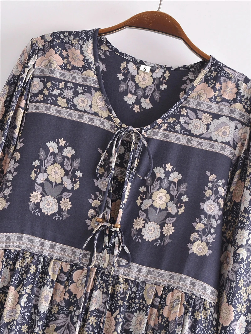 Grey Floral Print Vintage Women V-neck Lantern Sleeve Tassel Beach Bohemian Maxi Dresses Ladies Rayon Boho Dress Robe Vestidos 240824