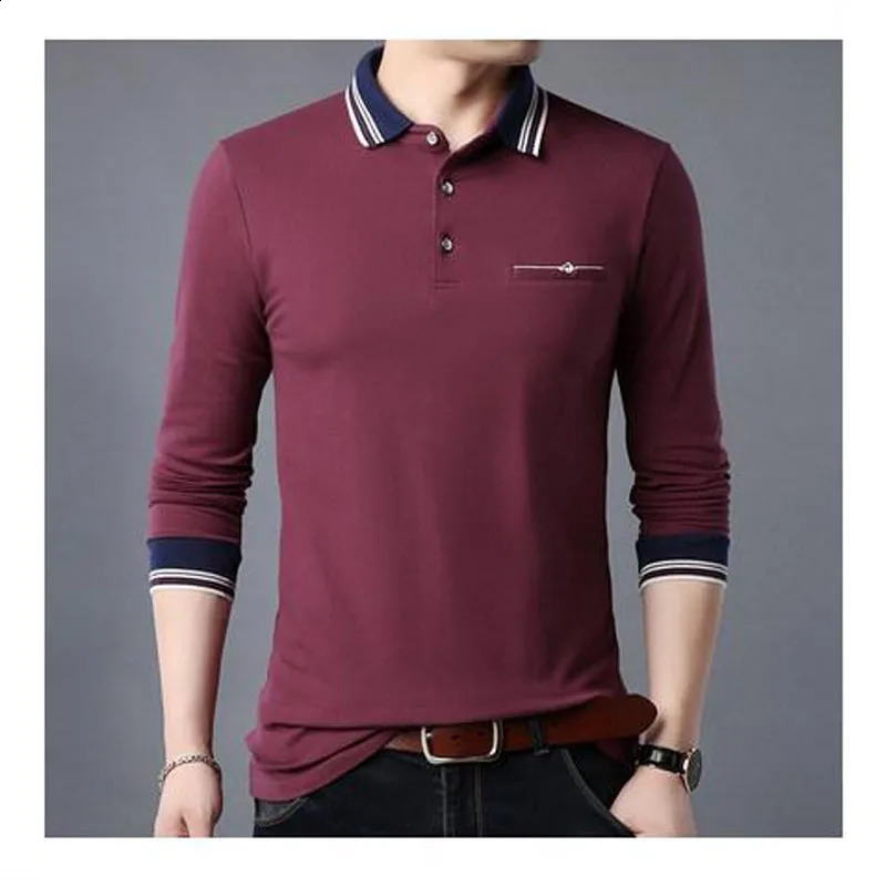 Autumn Mens Pure Cotton Lapel Patchwork Printed Simple Long Sleeved T-shirt Loose and Comfortable Casual Bottom Top 240824