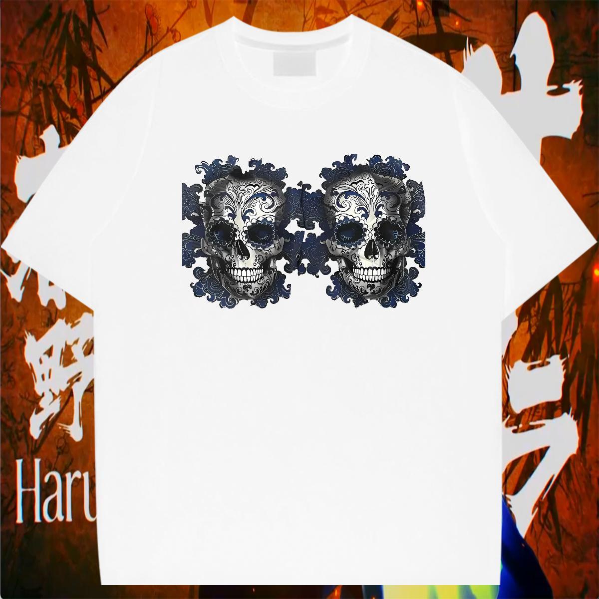 Wholesale T Shirts Men 230g Cotton skull Beach White Plus Size O-Neck Short Sleeve Tshirt for Man Woman Fashion Design Tops Shirt