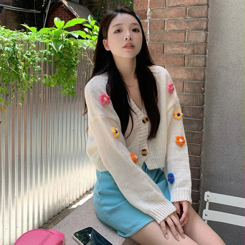 Sweet Applique Floral Women Cardigan Korean Kawaii Knitted Long Sleeve Female Sweat Sweater V Neck Ladies Casual tops 240824