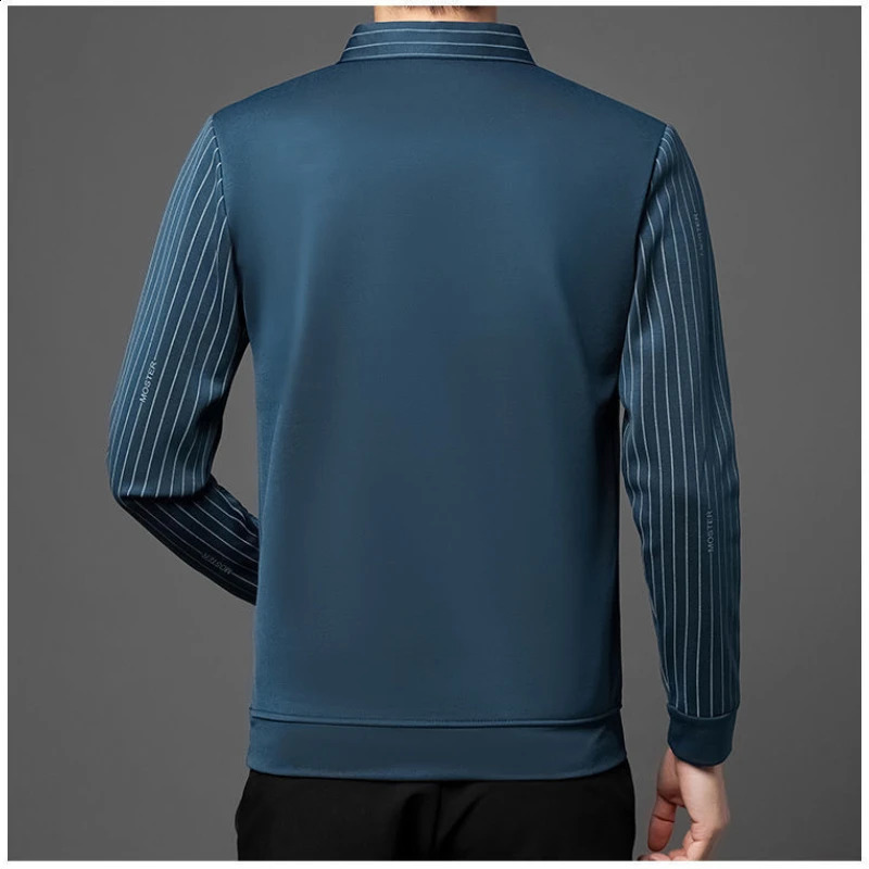 Mens T-shirt Turn-down Collar Spring Autumn Long Sleeve Button Stripe Print Fashion Polo Tees Casual Tops 240824