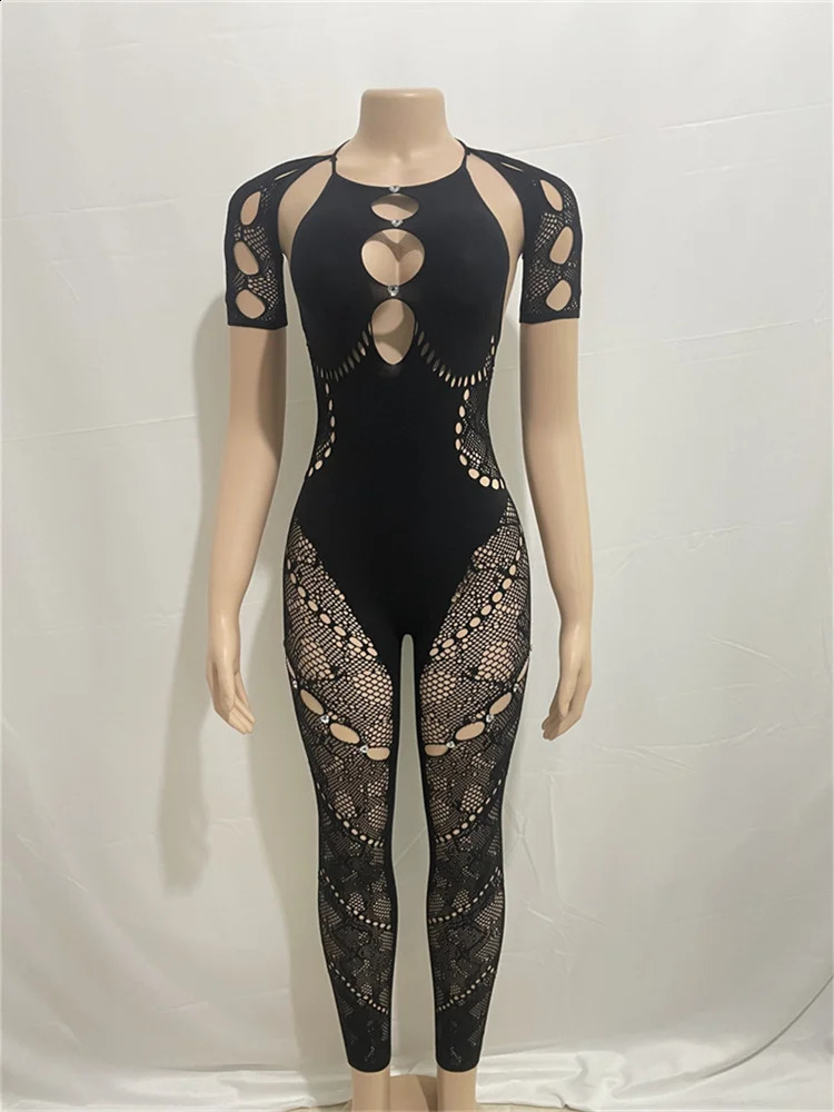 Sexy Outfits Streetwear Jumpsuits for Women Short Sleeve Bodycon Rompers Jumpsuit Skinny Pink Mesh See Though Onepiece Overalls 240823