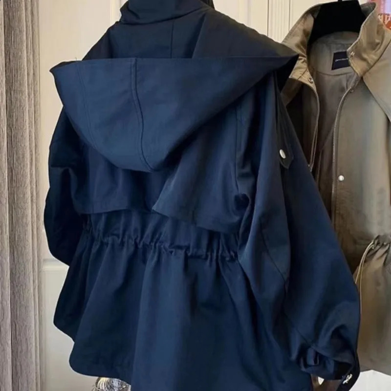 Hmsvenjz autumn fashion polo collar hooded trench coat ultrathin n short casual loose top womens clothing 240824