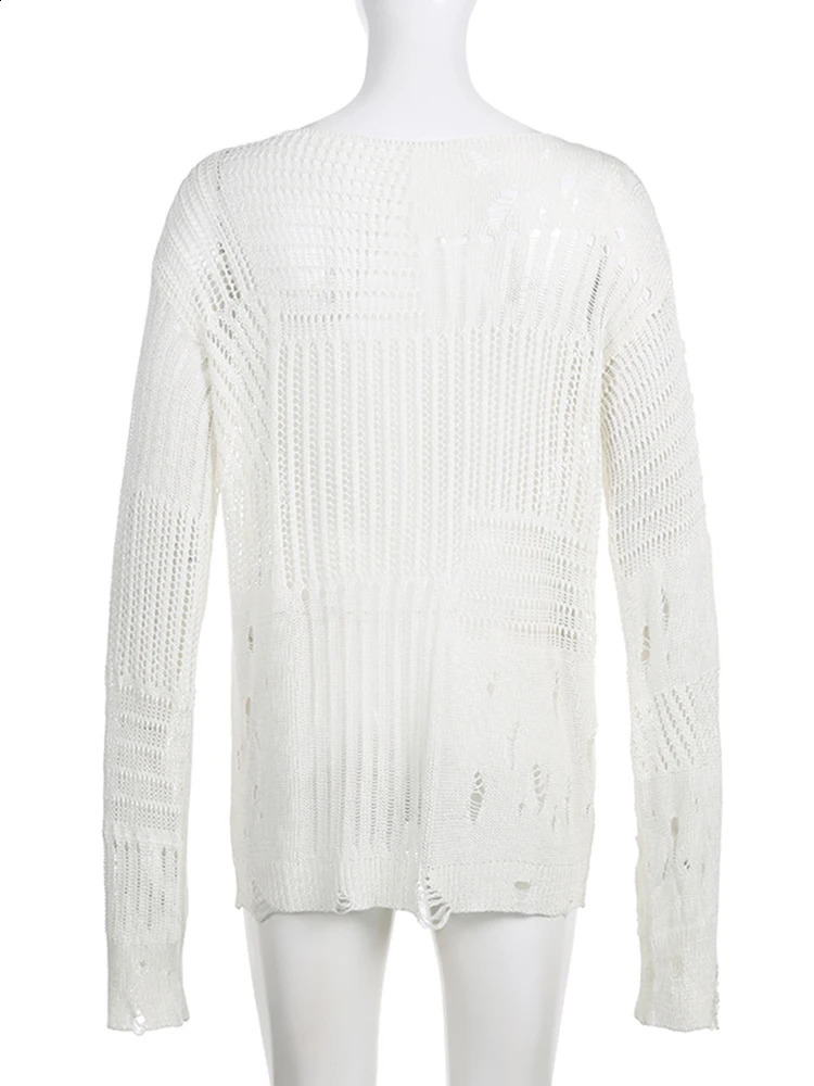 Darlingaga Vintage White Ripped Hole Grunge Sweater Women Casual Loose Jumper Solid Long Pullovers Knitted Hollow Out Holidays 240824