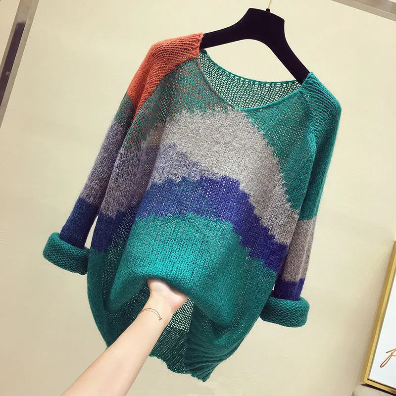Autumn/Winter Korean Edition Simple Fashion Casual Knitted Sweater Long Sleeve Loose Color Blocking Womens T-shirt Top 240824