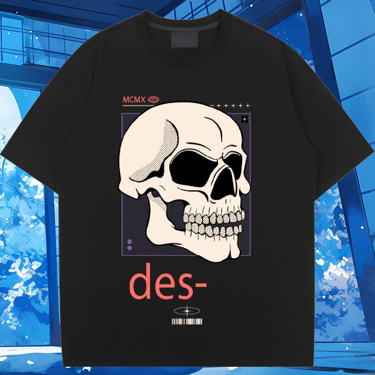 Female Woman Tshirt 230g Cotton skull High Street Hip Hop T shirt Breathable Short Sleeve Black White Top Shirts