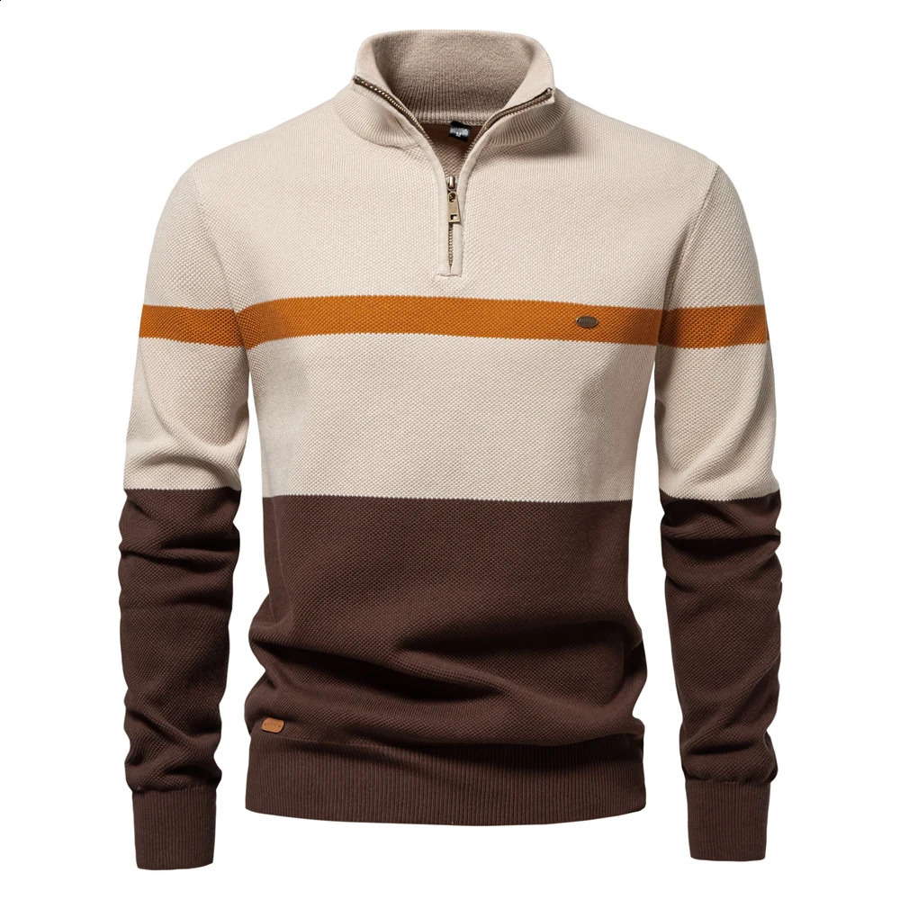 AIOPESON highquality cotton mens sweater with zipper plain collar and floral pattern autumn winter striped warm polo shirt 240824
