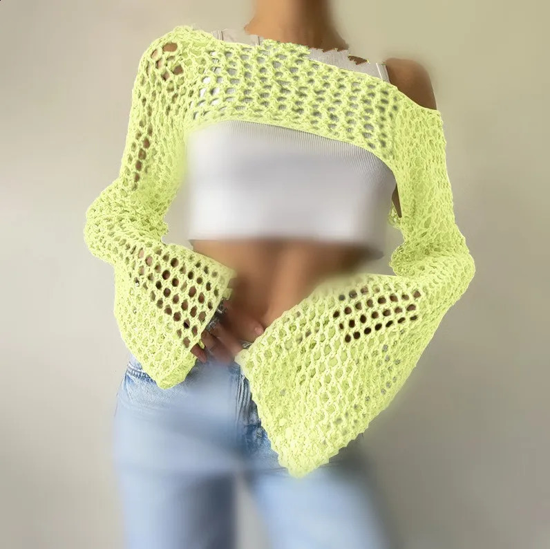 Women Loose Hollow Out Knitted Cropped Sweaters Spring Summer Female Long Sleeve Fishnet Knitwear Pullover Short Tops 240824