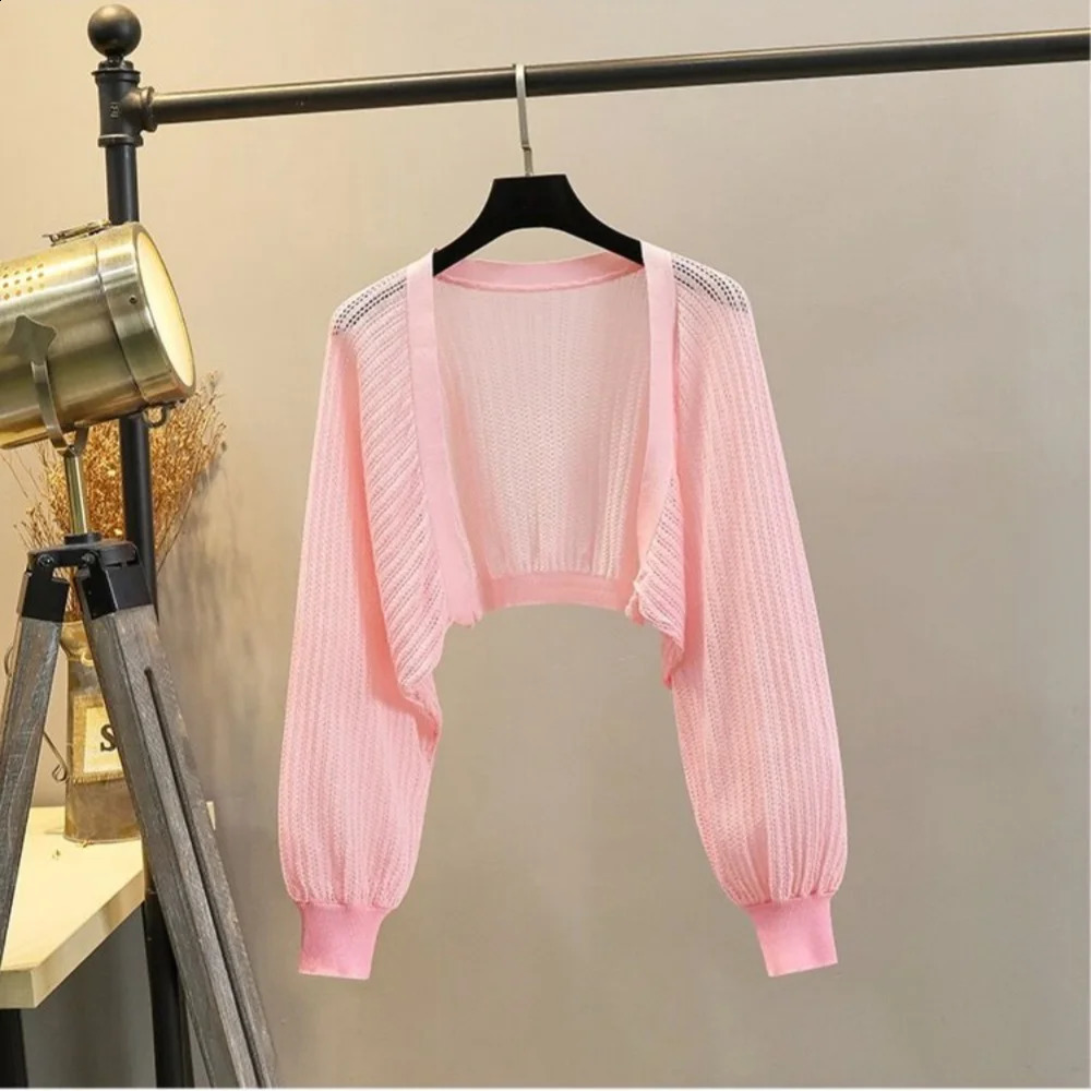 Long Sleeve Hollow Out Knitted Open Stitch Women Summer Thin Short Loose Shirt Sun Protection Cover up Solid Casual All-match 240824