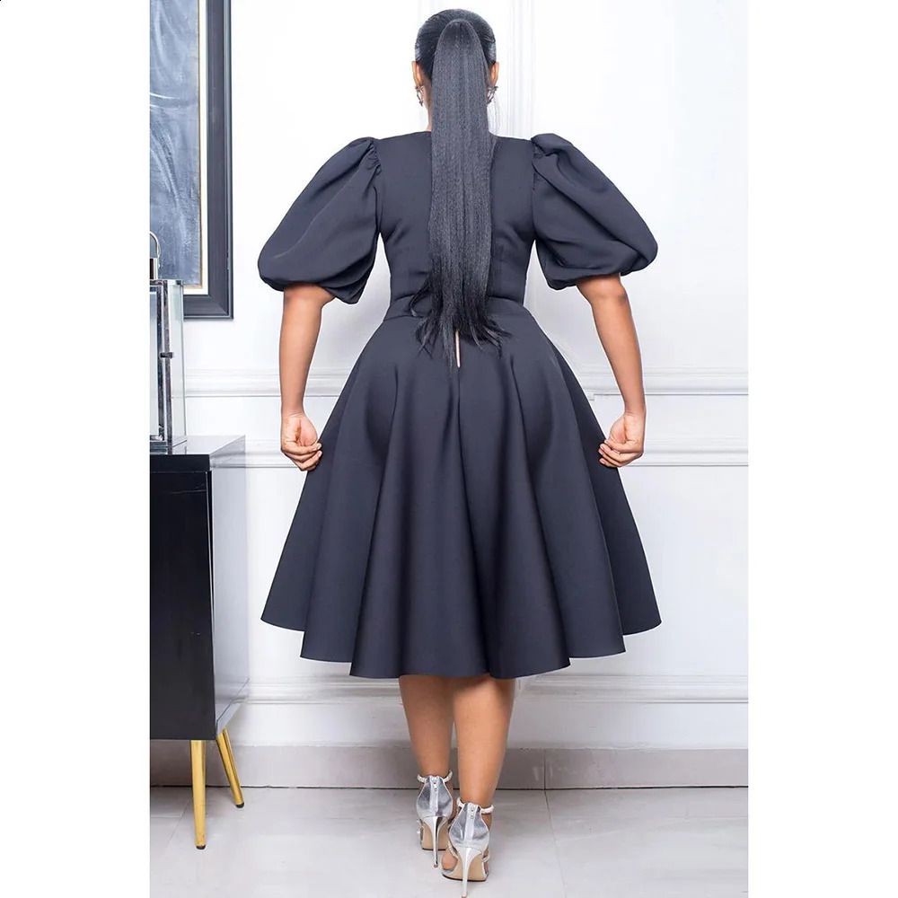 Plus size black casual womens dress with O-ring puff sleeves and A-line round neck slim fit Midi formal dress 240824