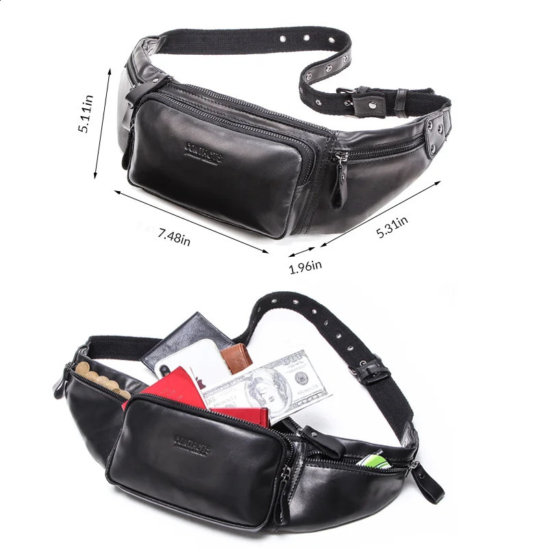 CONTACT genuine leather mens fanny pack casual phone bag mens travel cross body bag mens waist bag 240824