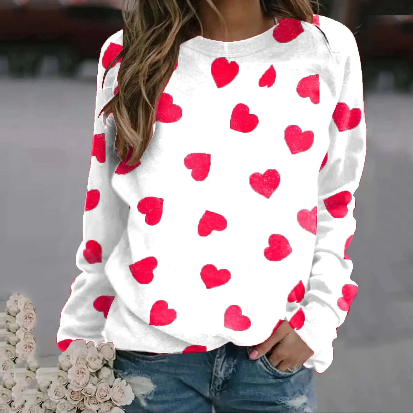 Womens Casual Sweatshirt 3D Love Print Long Sleeve Round Neck Loose Autumn Pullover Fashion Versatile Womens Hoodie 240824
