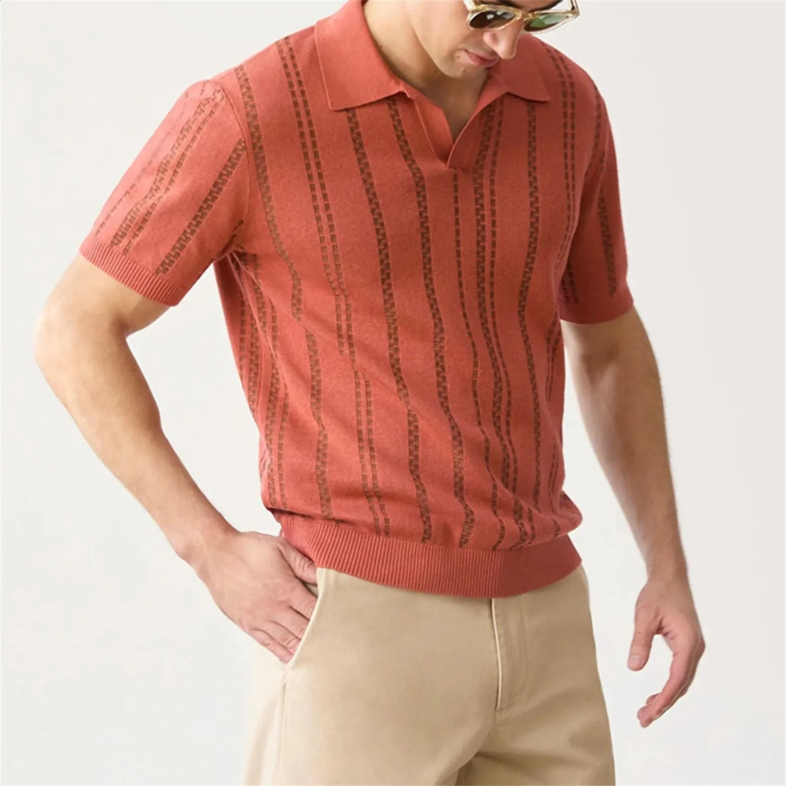 Knit Shirts Button Up Textured Shirts Casual Solid Color Slim Fit Short Sleeve Summer Tee Shirt Mens polo Shirt 240814