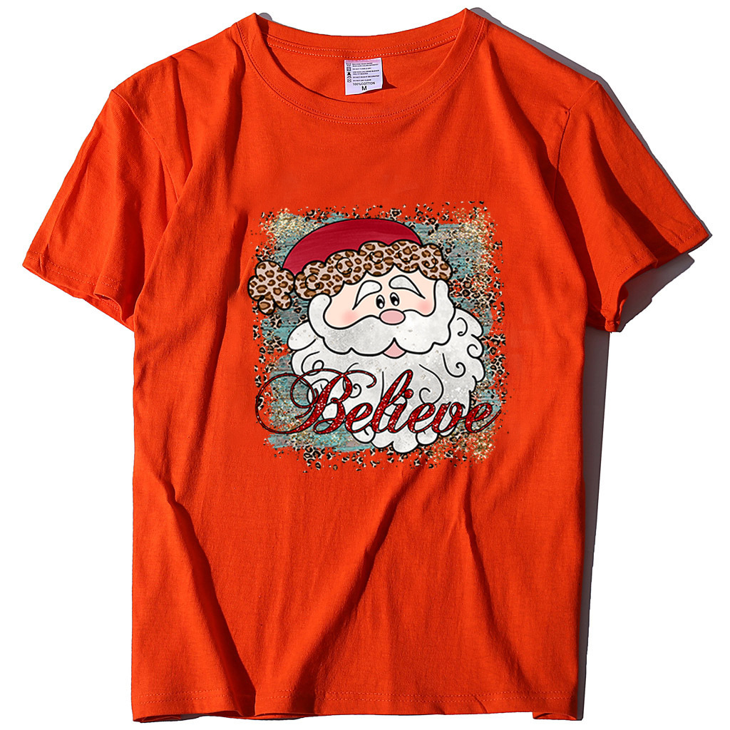 New Believe Pattern Printed Casual Short Sleeve Christmas Women's T-shirt Round Neck dongdumaoyi