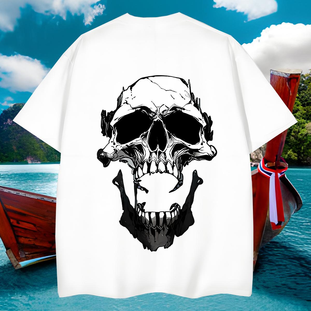 Wholesale T-Shirts 230g Cotton skull High Street Hip Hop Floral Print Crew Neck Breathable Couples T Shirts Fashion Tops Tees