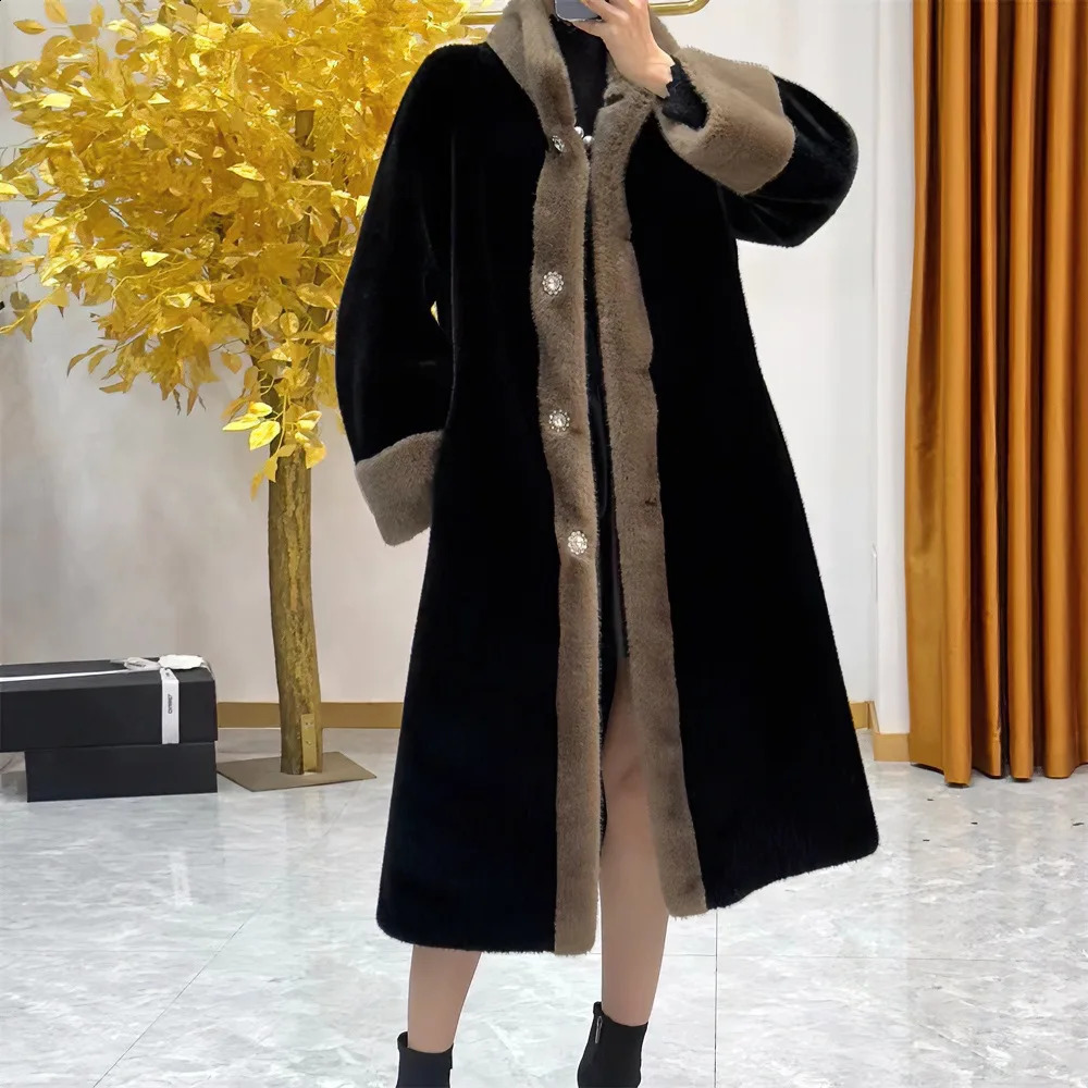 Elegant faux mink coat womens winter long jacket for middleaged and elderly mothers cashmere warm park black 240824