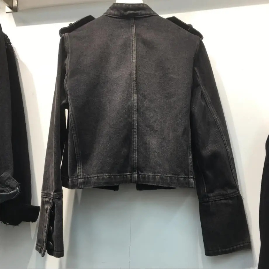 Retro military style handsome stand collar denim jackets female double-breasted old wild slim short denim jackets outerwear F368 240824