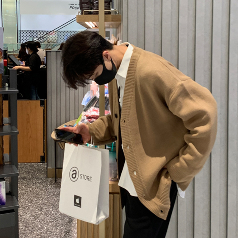 Autumn and Winter V-neck Knitted Sweater Cardigan Khaki Soft Glutinous Jacket Mens Korean Version Loose Sweater Korean Dongdaemun Mens Fashion Trend