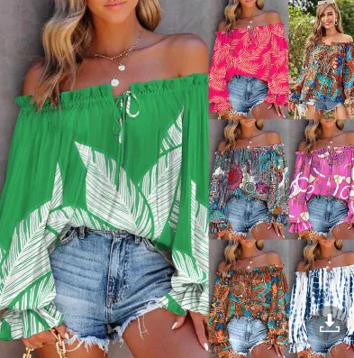 New Spring One Word Collar Horn Sleeve Long Sleeve Lace Up Shirt for Women