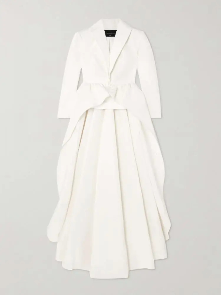 Freeacy Solid White Pants Set for Women Extra-long Blazer Top and High Waist Pants Falbala Pleated Elegant Suit 240826