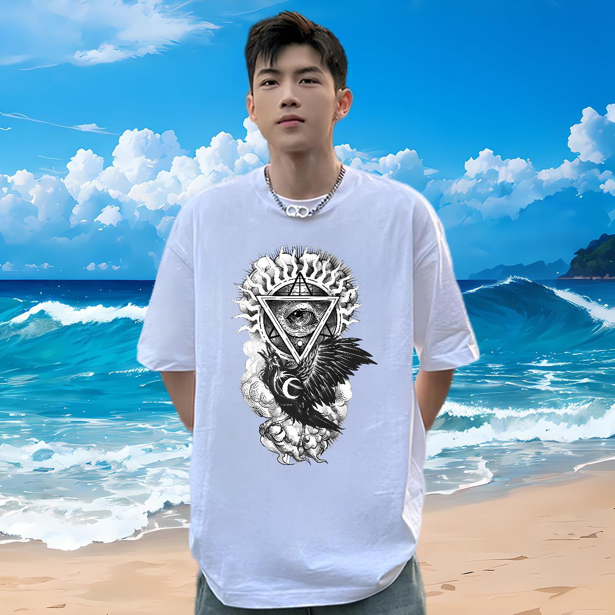 High Quality T Shirts Men 230g Pure Cotton eye of the devil Street wear Hip Hop DIY Printed Crew Neck Breathable Mens Tshirts Casual New Top Tees