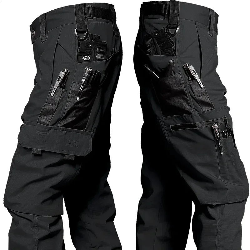 Black Camo Cargo Pants Outdoor Multi-pocket Ripstop Waterproof Trousers Male Autumn Wear-resistant Training Fishing Work Pant 240812