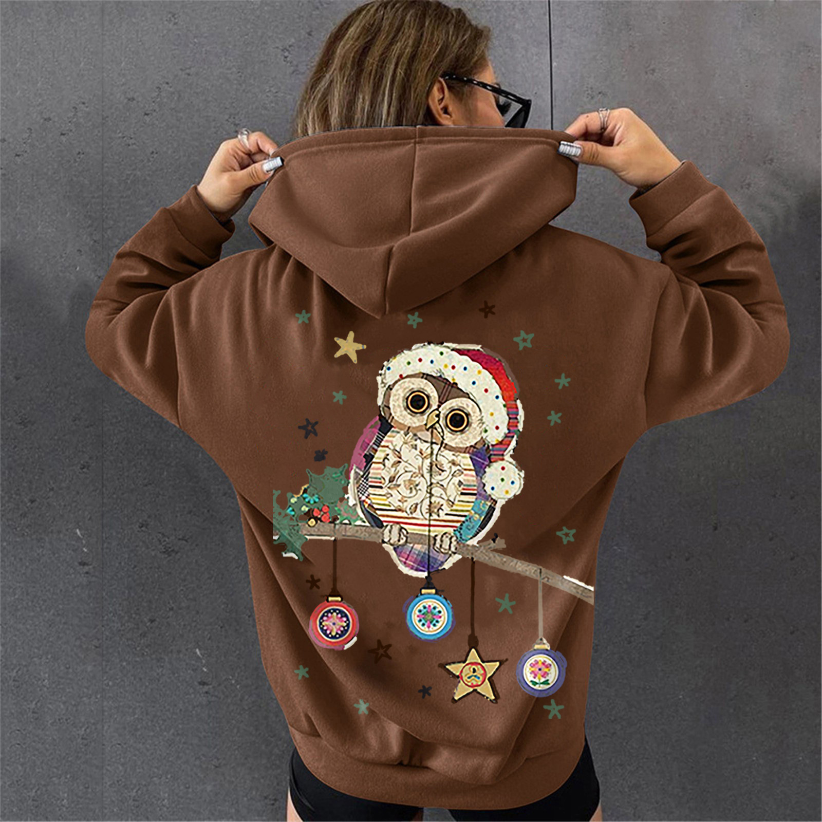 New Christmas hoodie for women with loose fleece hooded sweatshirt and owl print jacket dongdumaoyi