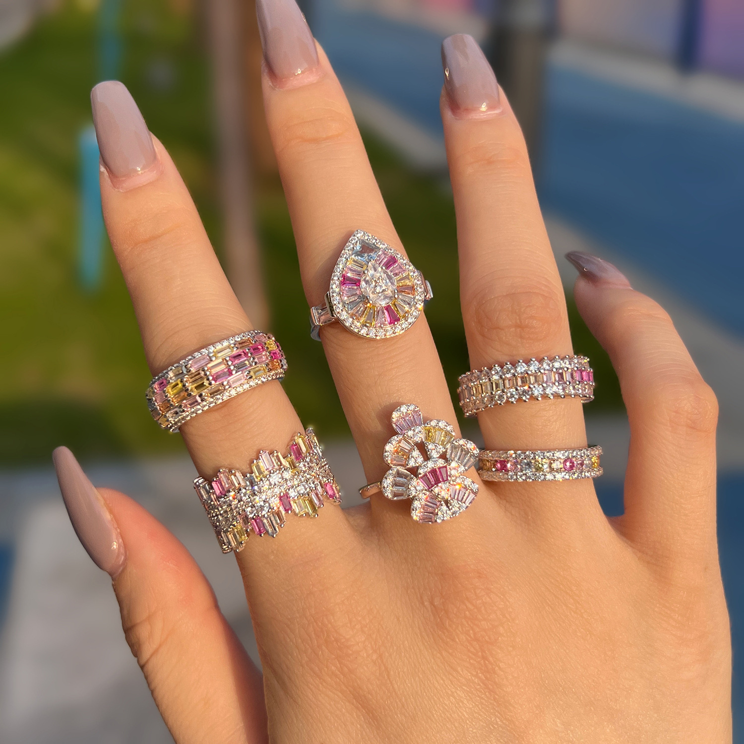 Japanese Korean Light New S Pure Sier Ring Colored Zirconia Inlaid Sweet and Beautiful Color Series Geometric Design Women's Handicraft