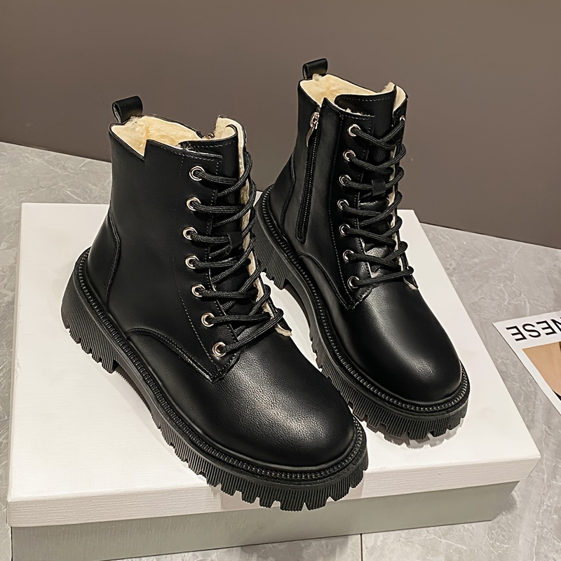 Women's Chic Fluffy Combat Martin Ankle Boots Round Toe Warm Lined, Mid Heel with Non-Slip Sole for Winter Snow boots