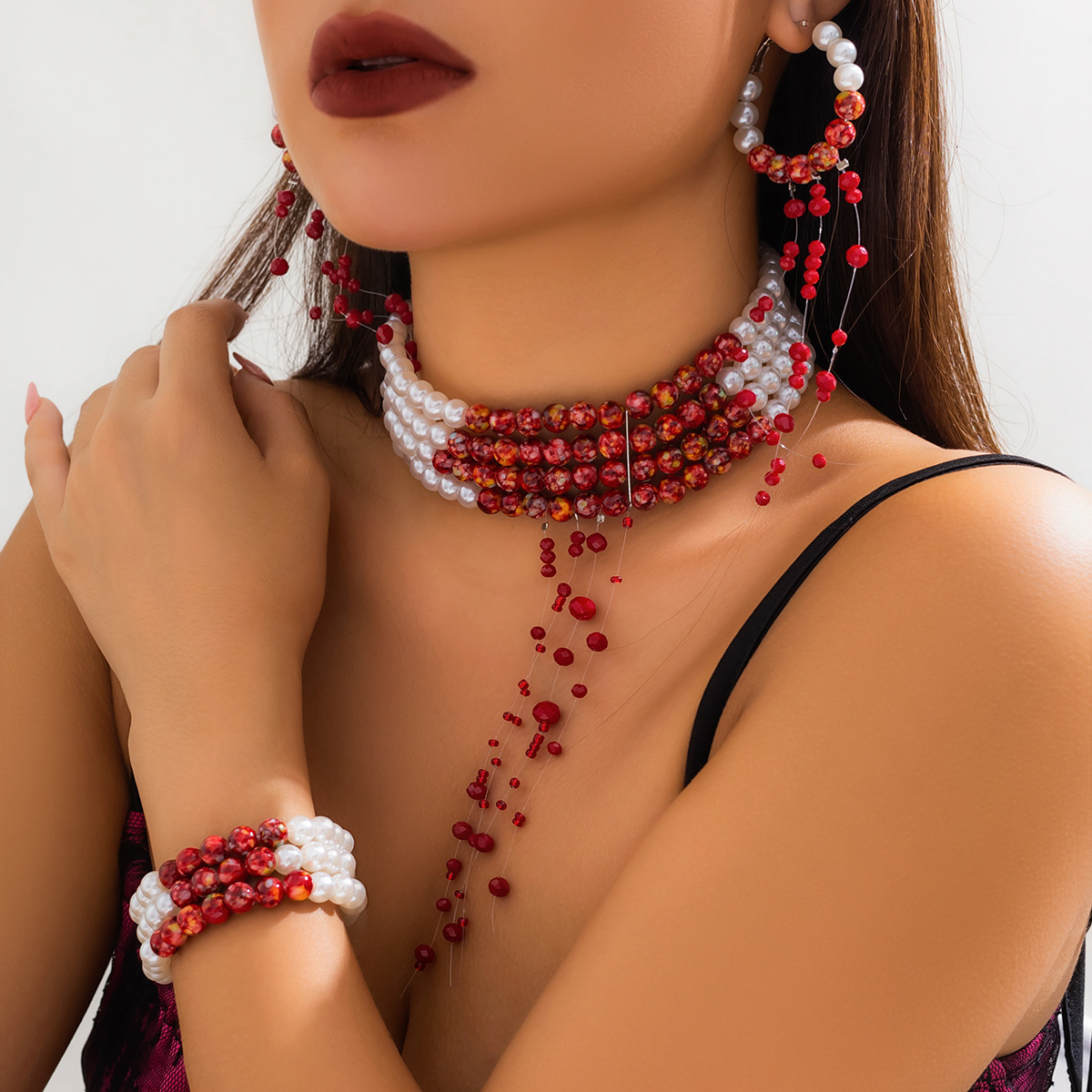 Jewelry Sweet Cool Gothic Blood Drop Tassel Collar Necklace Halloween Personalized Beaded Choker