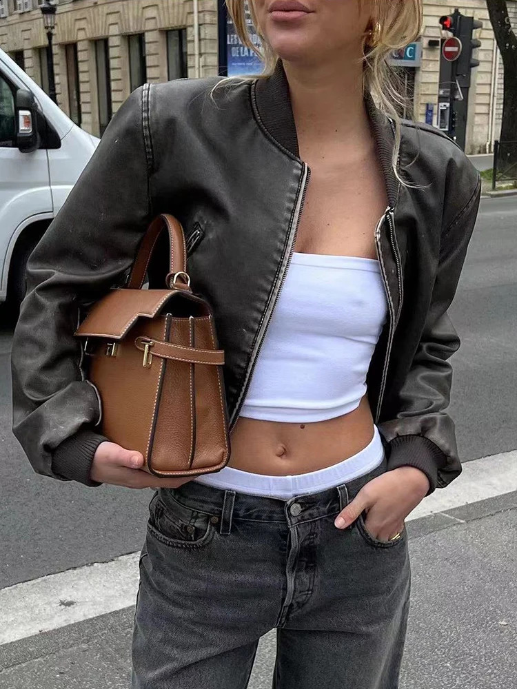 Womens washed gradient leather round neck long sleeved loose jacket with zipper short jacket artificial leather bomber motorcycle PU jacket top 240826