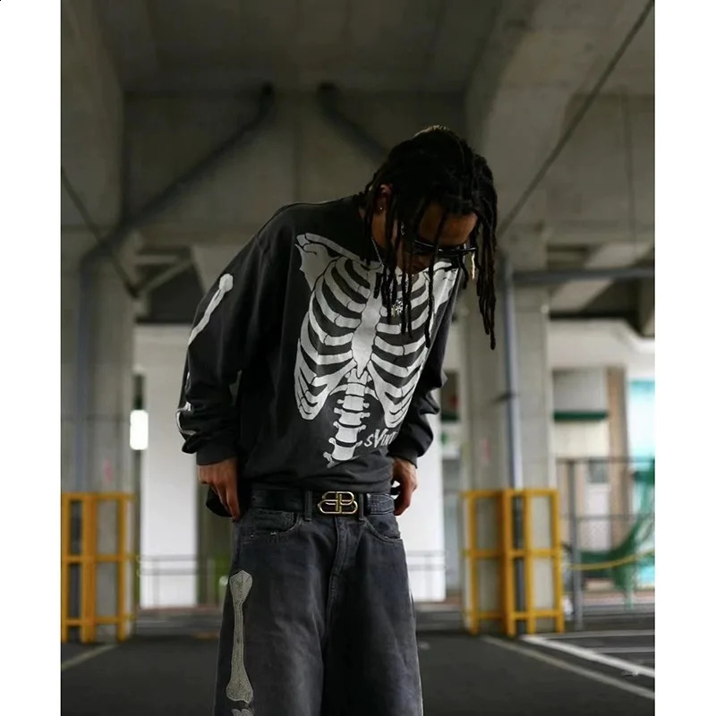 Retro summer skeleton round neck printed loose retro sweater wearing Pullover High Street long sleeved T-shirt 240826 - view 5