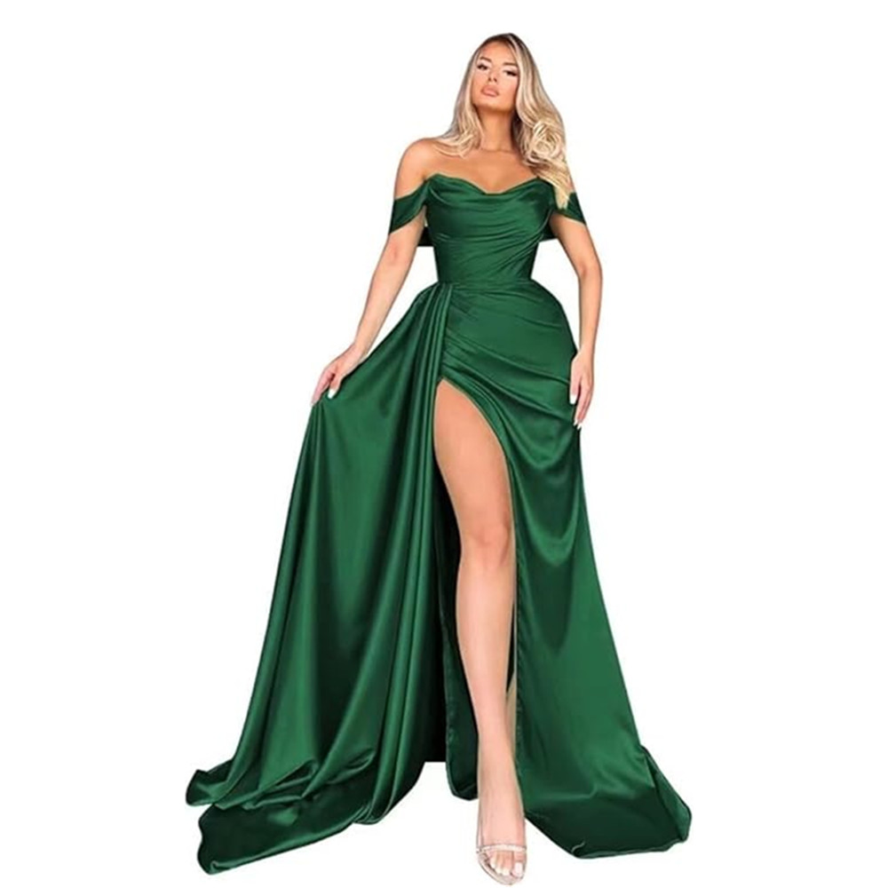 Off Shoulder Prom Dresses Long Train for Women Formal Dress Wrap Satin Ruched Evening Dresses with Slit Plus Size Bridesmaid Dresses